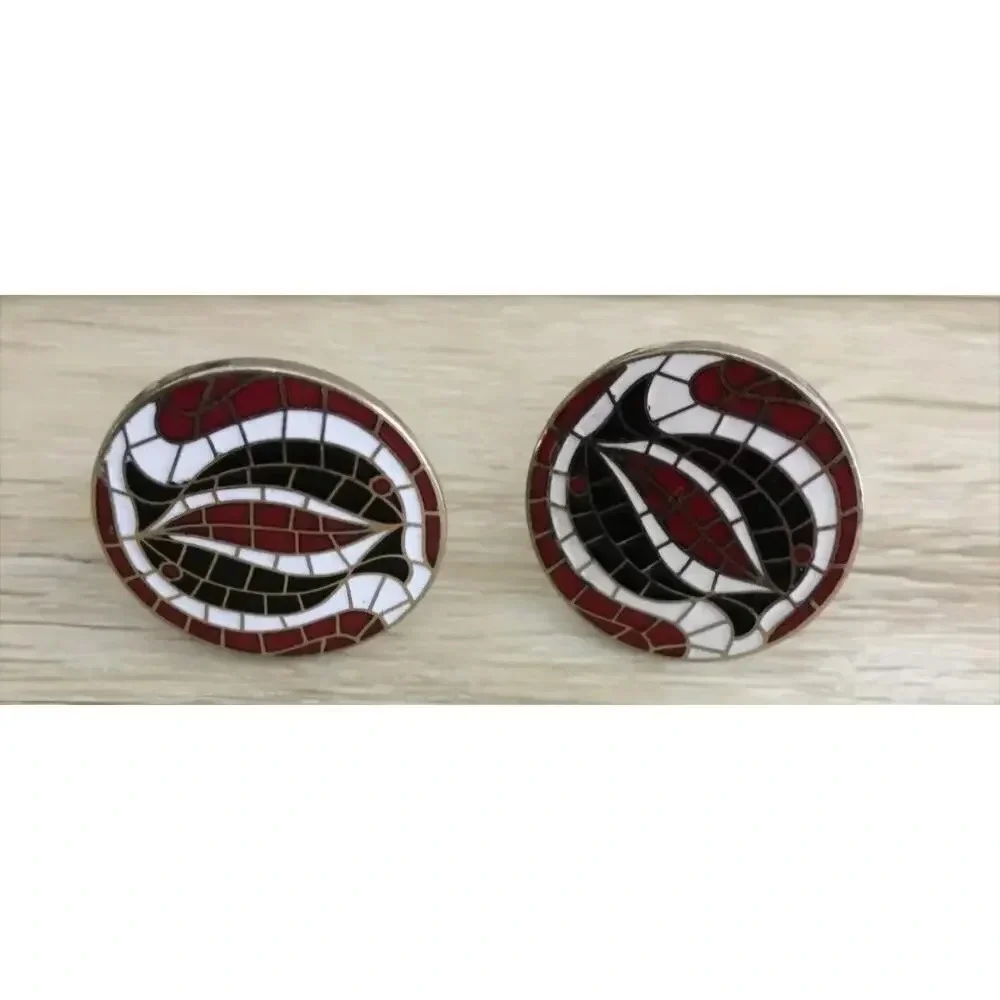 Vintage Cufflinks Swank Mosaic Gold‎ Tone with Red Black Dolphin Fish Eye Design - Picture 2 of 3